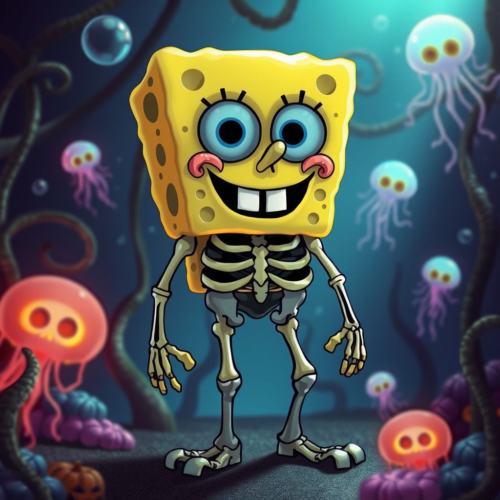 A skeletal version of SpongeBob SquarePants, depicted as a cartoon skeleton with a playful yet spooky design