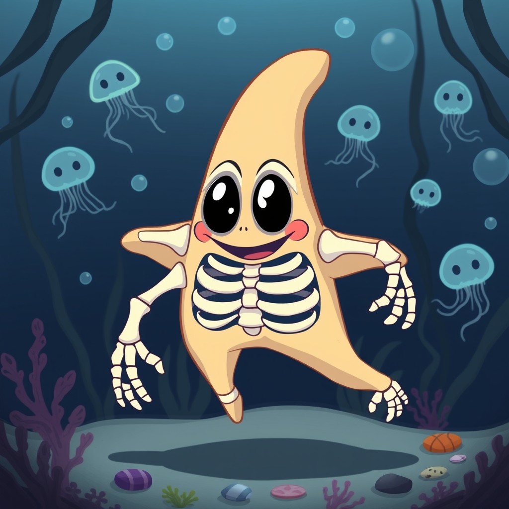 A skeletal version of Patrick Star, depicted as a playful yet spooky cartoon skeleton