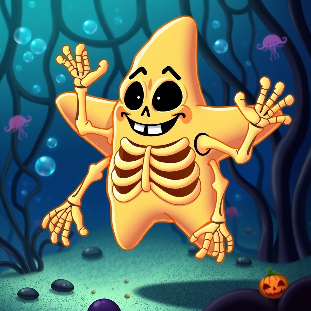 A skeletal rendition of Patrick Star from SpongeBob SquarePants, portrayed as a fun and spooky cartoon skeleton