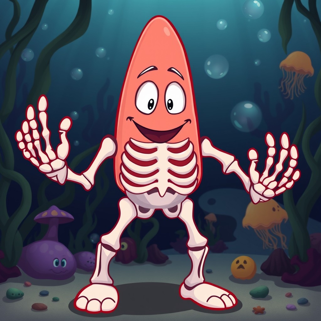 A skeletal version of Patrick Star, humorously depicted as a cartoon skeleton with two whimsical hands