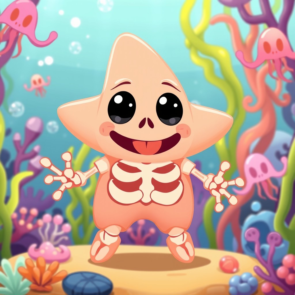 A cute skeletal version of Patrick Star, illustrated as an adorable cartoon skeleton with a star shape