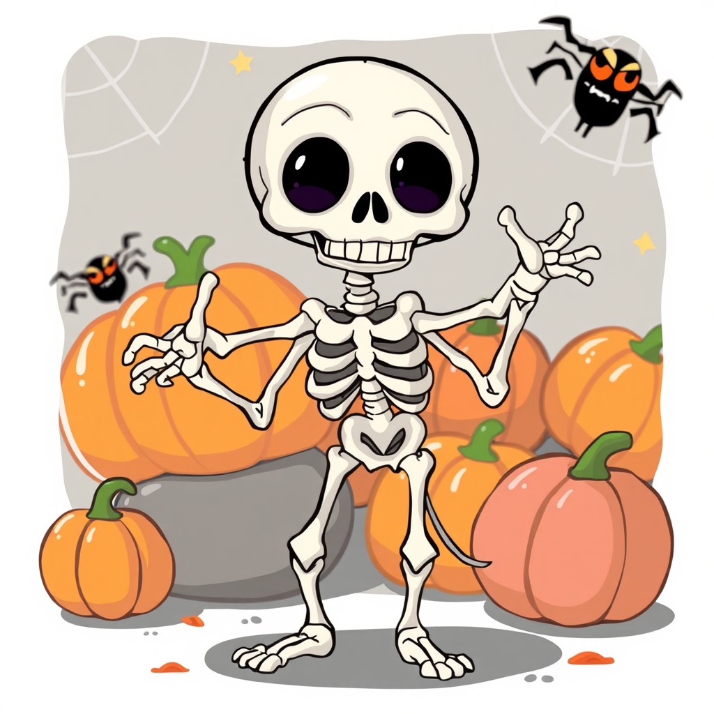 A skeletal version of a character named Sendi, depicted as an amusing and whimsical cartoon skeleton