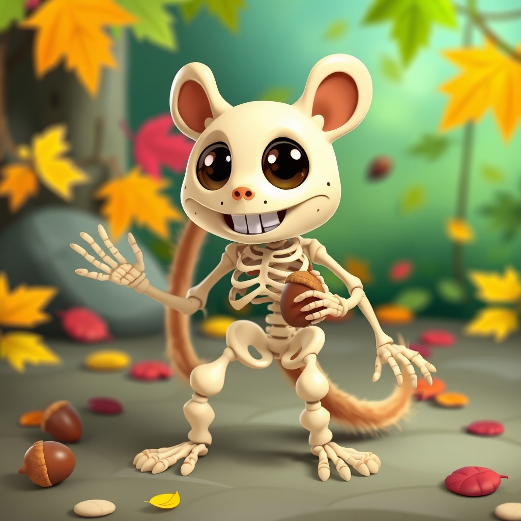 A whimsical skeletal version of a character named Sendy, designed as a cartoon squirrel skeleton
