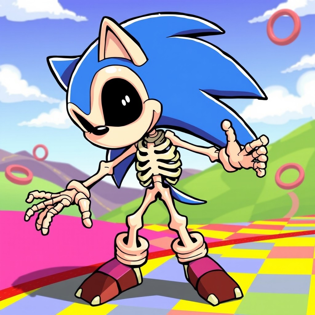 A whimsical skeletal version of Sonic the Hedgehog, designed as a playful cartoon skeleton