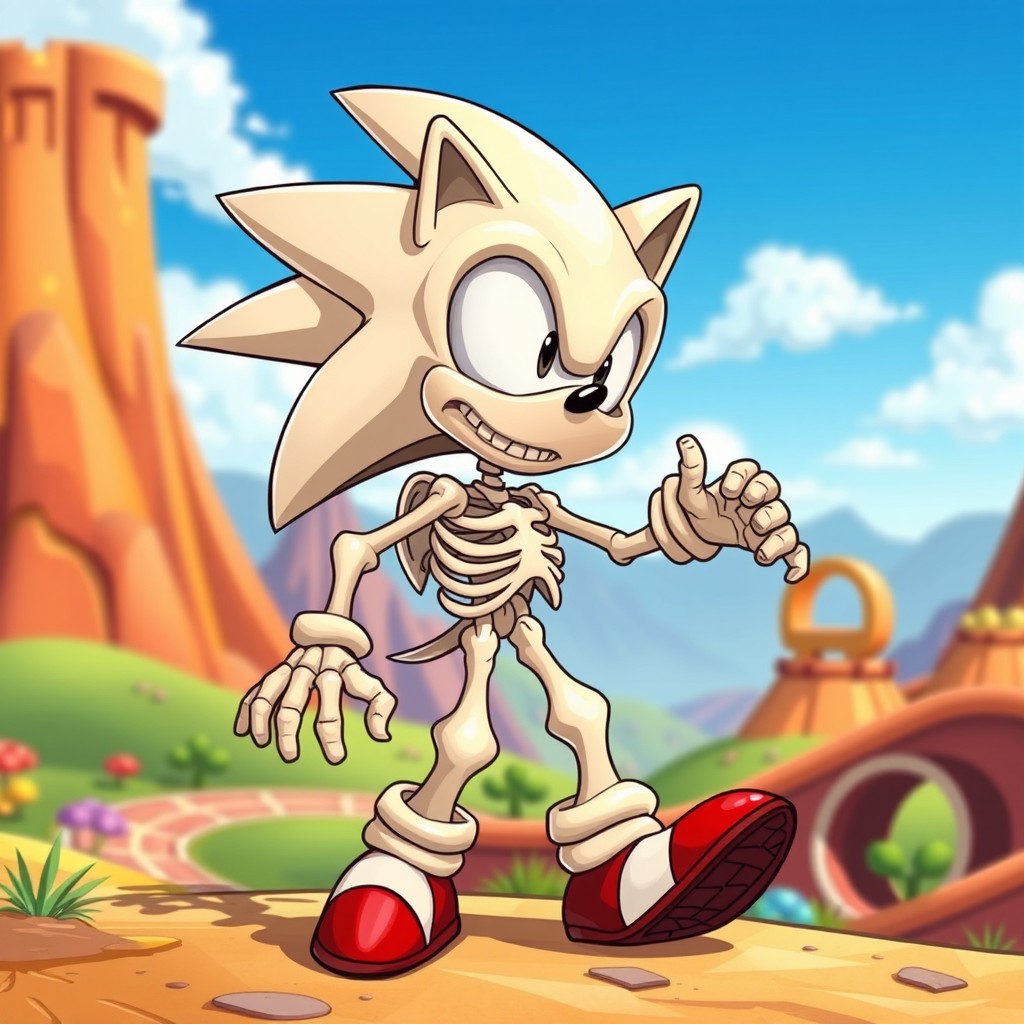 A whimsical skeletal version of Sonic the Hedgehog, depicted as a playful cartoon skeleton