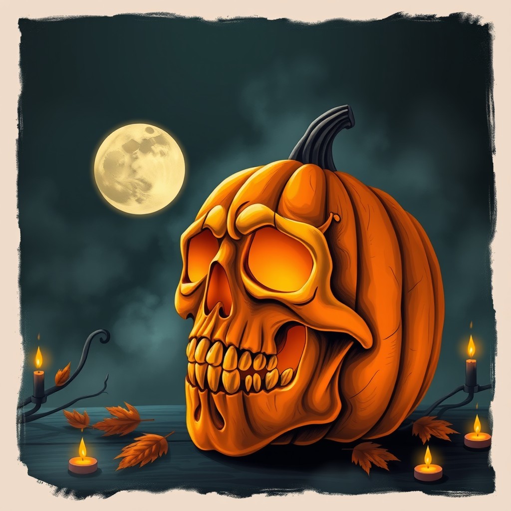 A creative and spooky illustration of a pumpkin designed to resemble a skull