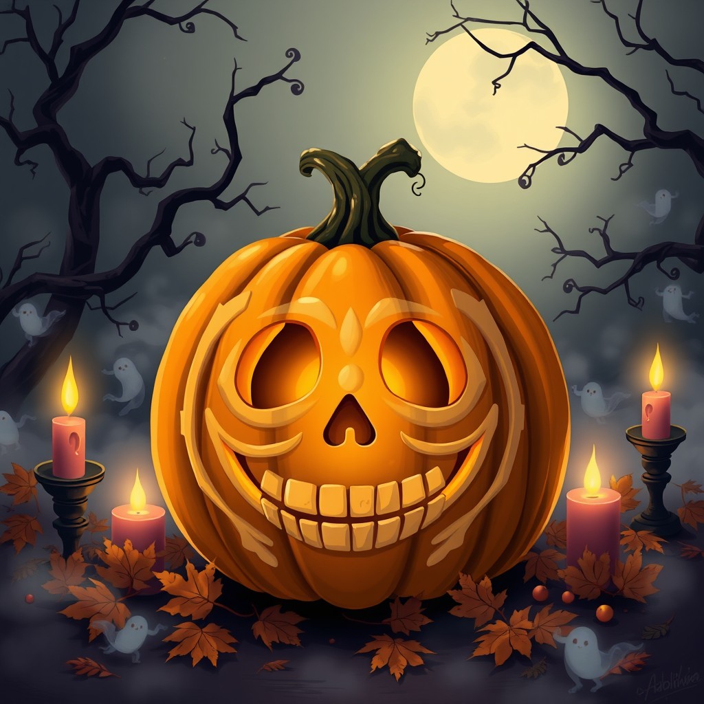 A creative illustration of a pumpkin designed to resemble a skeleton, presenting a spooky yet playful vibe