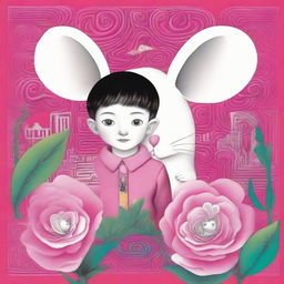 A spellbinding book cover page, presenting a boy and a white mouse meeting eyes on a vivid pink flower against a complex labyrinth backdrop. 'Algernona Çiçekler' is prominently written at the top