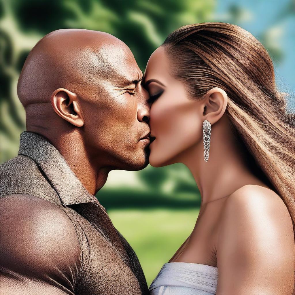 A high-quality, photorealistic image capturing a romantic moment between Jennifer Lopez and Dwayne Johnson