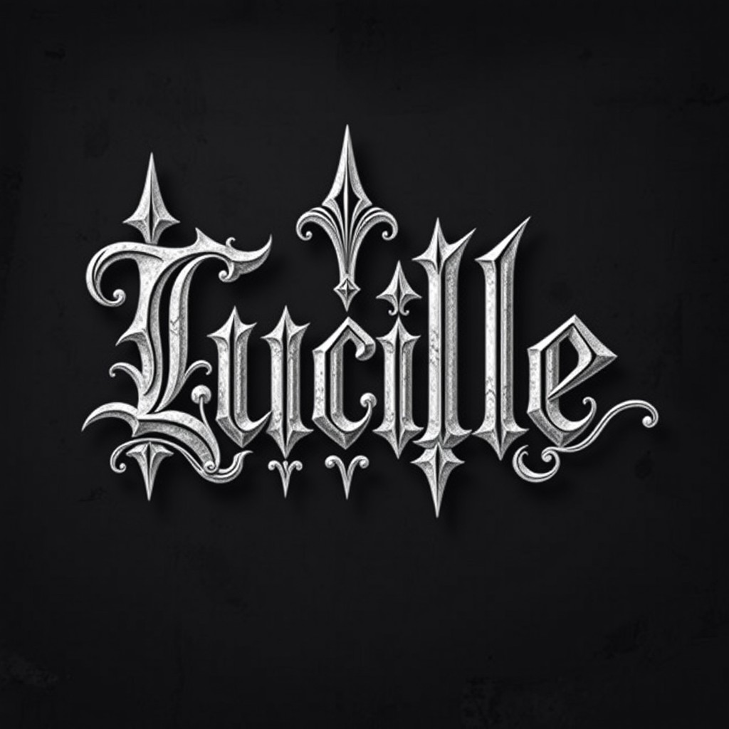 The name 'Lucille' beautifully rendered in an ornate gothic font, featuring intricate details and flourishes typical of gothic typography