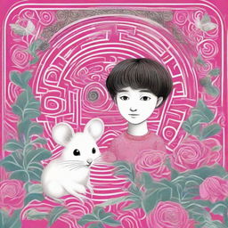 A spellbinding book cover page, presenting a boy and a white mouse meeting eyes on a vivid pink flower against a complex labyrinth backdrop. 'Algernona Çiçekler' is prominently written at the top