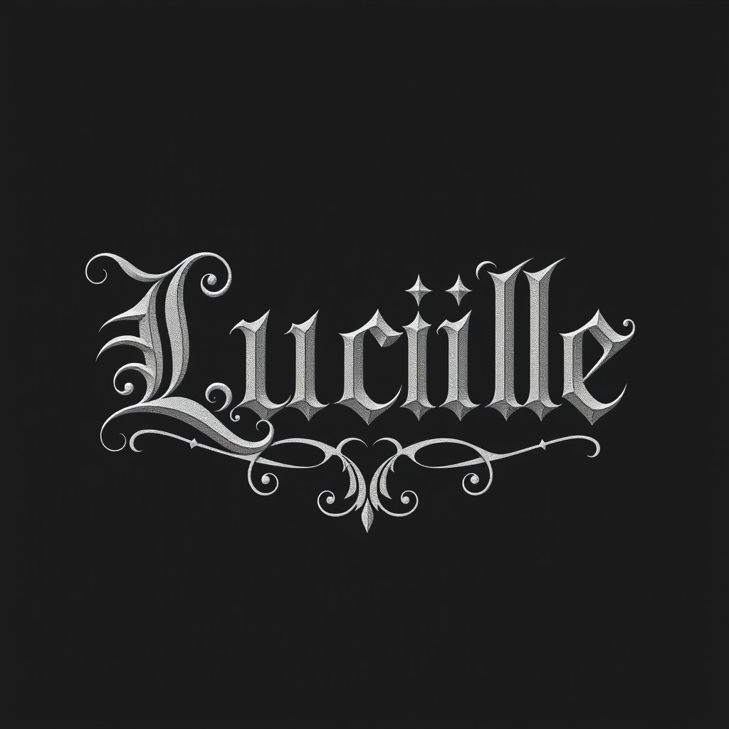 The name 'Lucille' beautifully rendered in an ornate gothic font, showcasing intricate lettering with elaborate flourishes