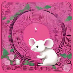 A spellbinding book cover page, presenting a boy and a white mouse meeting eyes on a vivid pink flower against a complex labyrinth backdrop. 'Algernona Çiçekler' is prominently written at the top