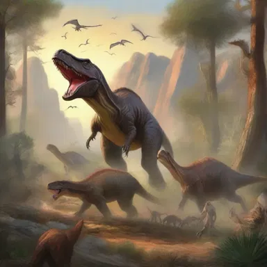 The artist created a stunning painting depicting archosaurian creatures roaming through a prehistoric landscape.