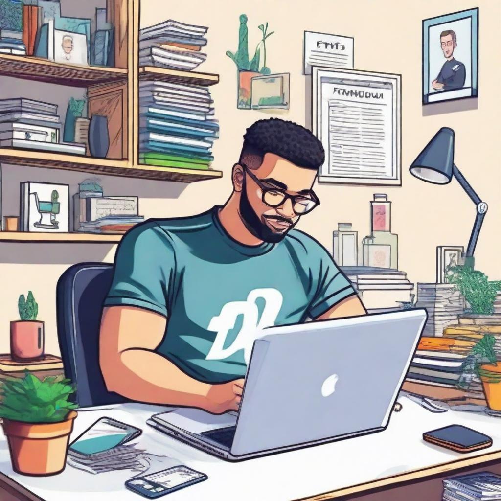 A detailed and vibrant depiction of the online influencer Nas Daily, in his typical setting, busy creating engaging content