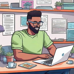 A detailed and vibrant depiction of the online influencer Nas Daily, in his typical setting, busy creating engaging content