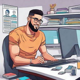 A detailed and vibrant depiction of the online influencer Nas Daily, in his typical setting, busy creating engaging content