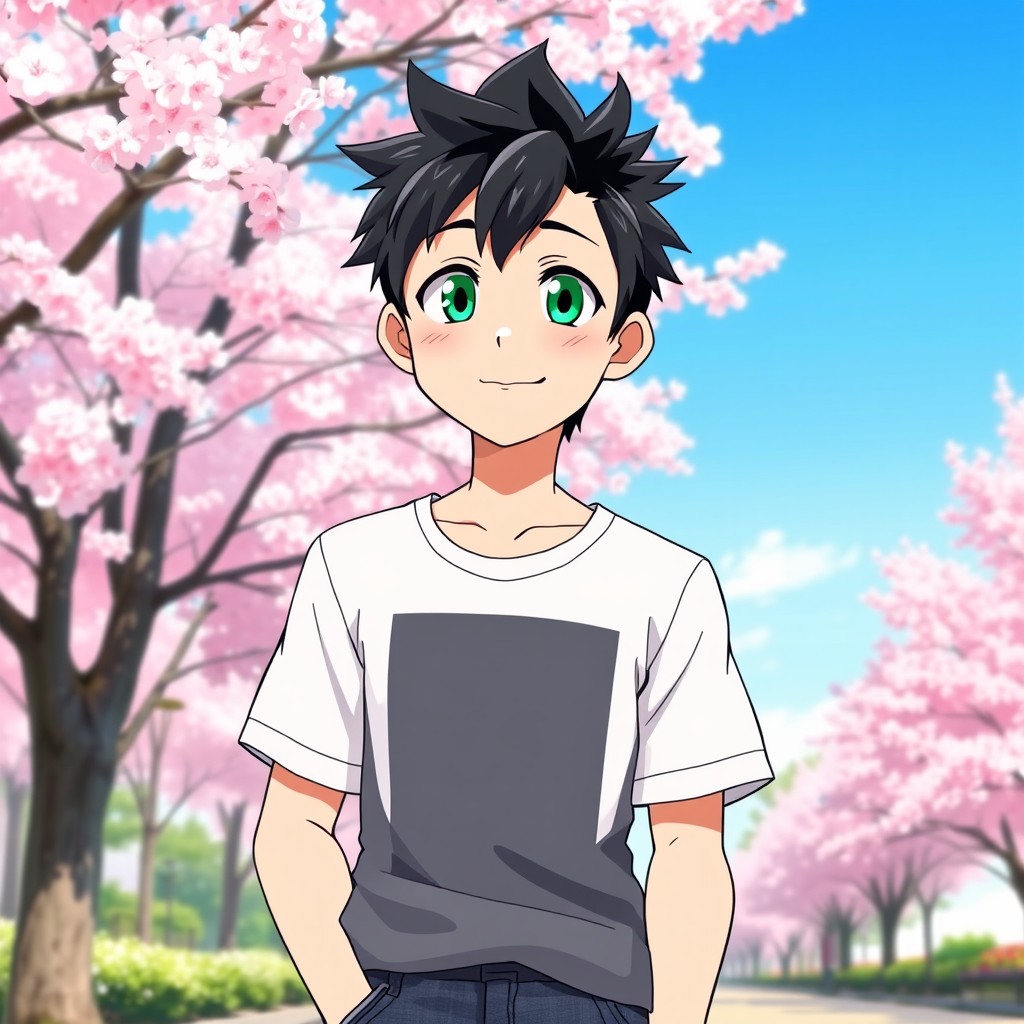 A normal anime guy with an approachable demeanor, depicted in a casual pose