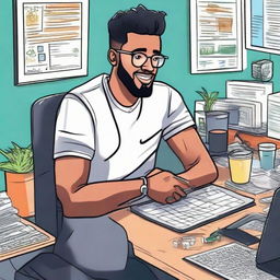 A detailed and vibrant depiction of the online influencer Nas Daily, in his typical setting, busy creating engaging content