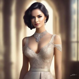 This digital art showcases a confident woman, dressed in an elegant yet provocative outfit