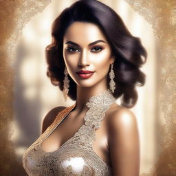 This digital art showcases a confident woman, dressed in an elegant yet provocative outfit