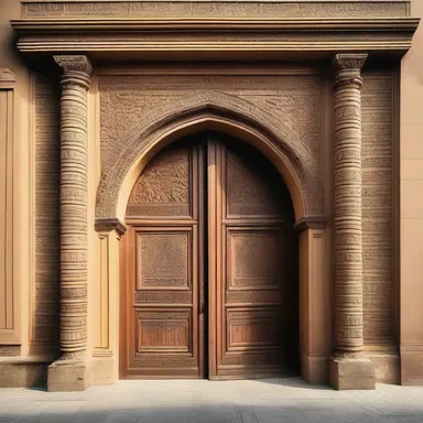 The grand entrance of the palace featured an arciform doorway with intricate carvings.
