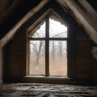 The old abandoned house had an arciform attic window, giving an eerie and ominous appearance.