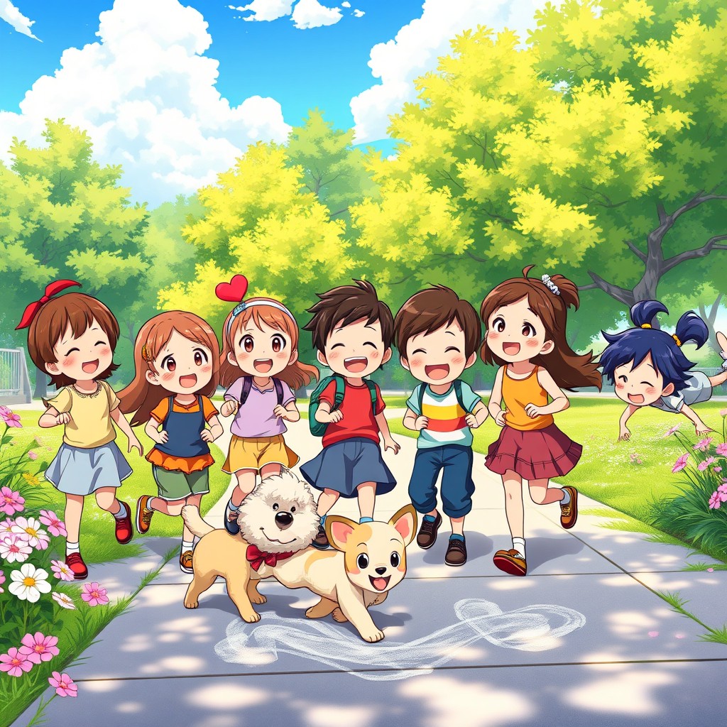 A vibrant and heartwarming scene from a good kid anime, featuring a group of diverse children, each with unique hairstyles and colorful outfits, joyfully playing together in a sunny park filled with blooming flowers and lush green trees