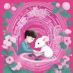 An engaging book cover displaying a boy and a white mouse studying each other on a vibrant pink flower against an elaborate labyrinth background. 'Flowers for Algernon' is scripted in bold at the top