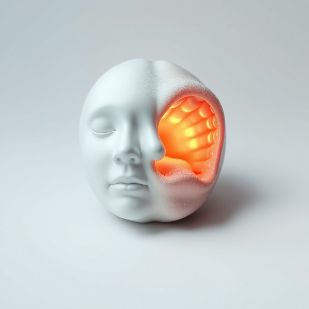 A surreal, dual-faced object on a stark white background