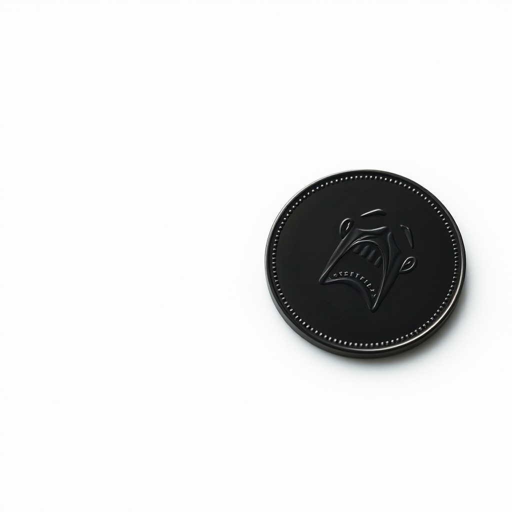 A close-up image of a black coin placed on a pristine white background
