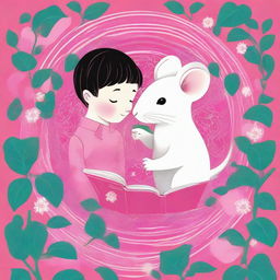 An engaging book cover displaying a boy and a white mouse studying each other on a vibrant pink flower against an elaborate labyrinth background. 'Flowers for Algernon' is scripted in bold at the top