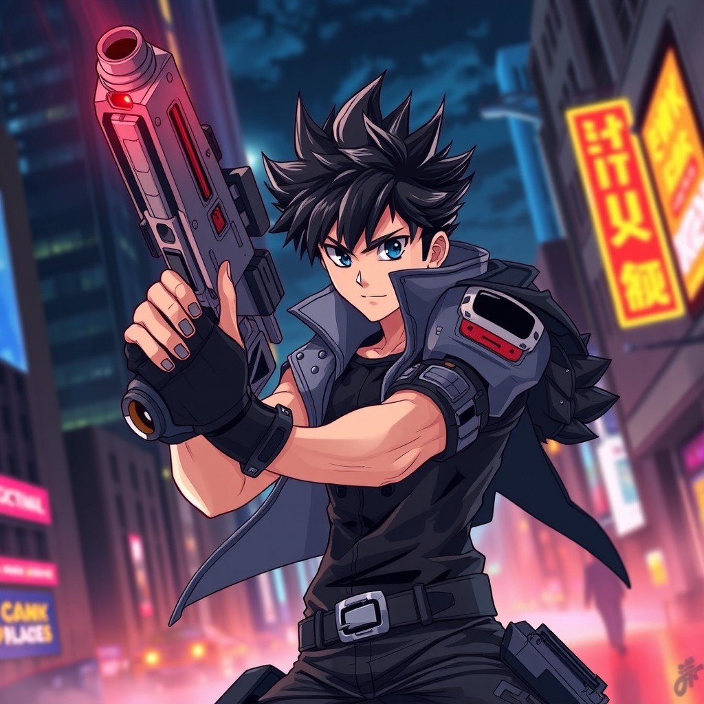 An anime-style illustration of a cool, confident guy wielding a futuristic gun