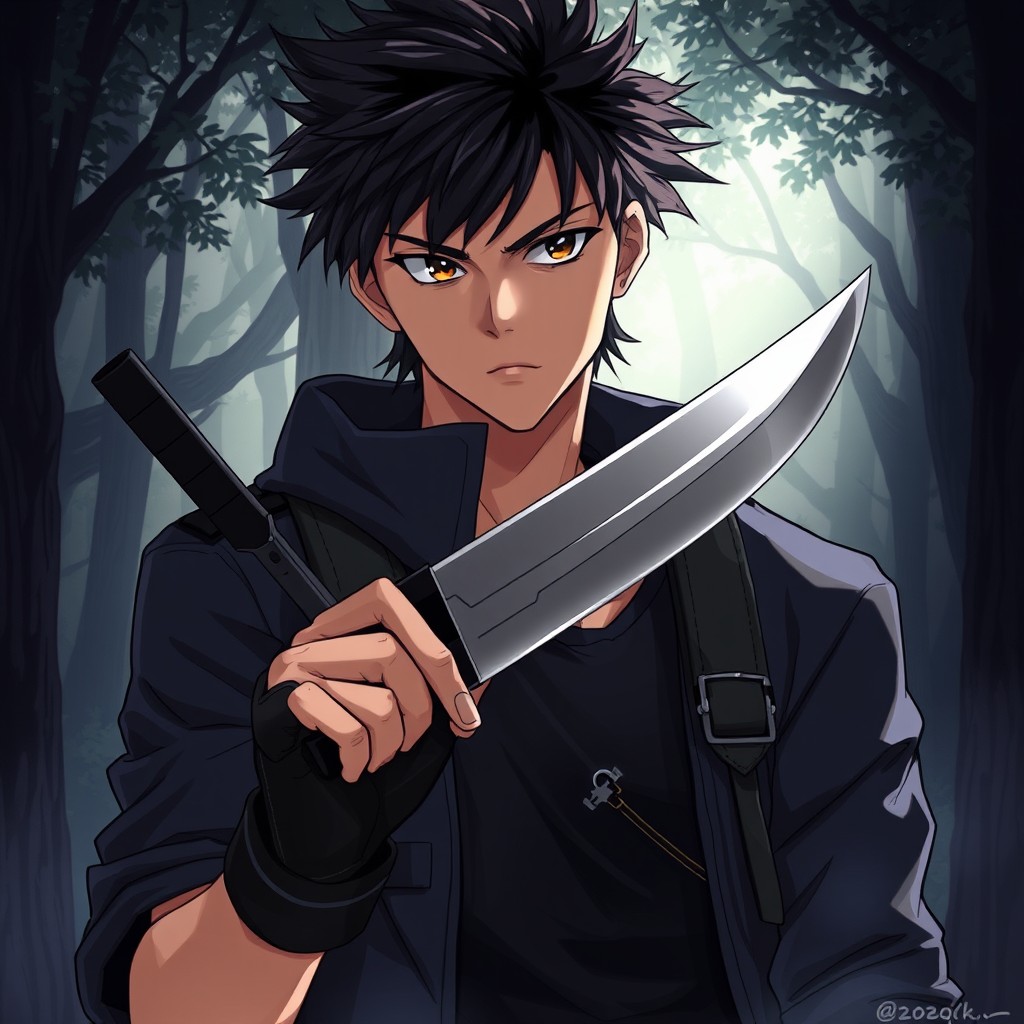 An anime-style illustration of a sharp-looking guy holding a sleek knife, exuding an air of mystery and confidence