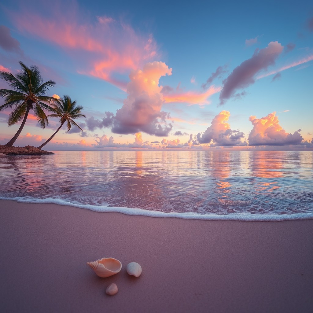 A beautifully edited image showcasing calm waters reflecting a colorful sunset sky, with gentle waves lapping at the shore