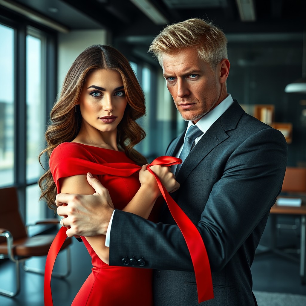 A striking scene set in a stylish modern office where a blond-haired, grey-eyed man in a sharp suit holds a beautiful brown-haired, blue-eyed woman tightly with a vivid red ribbon