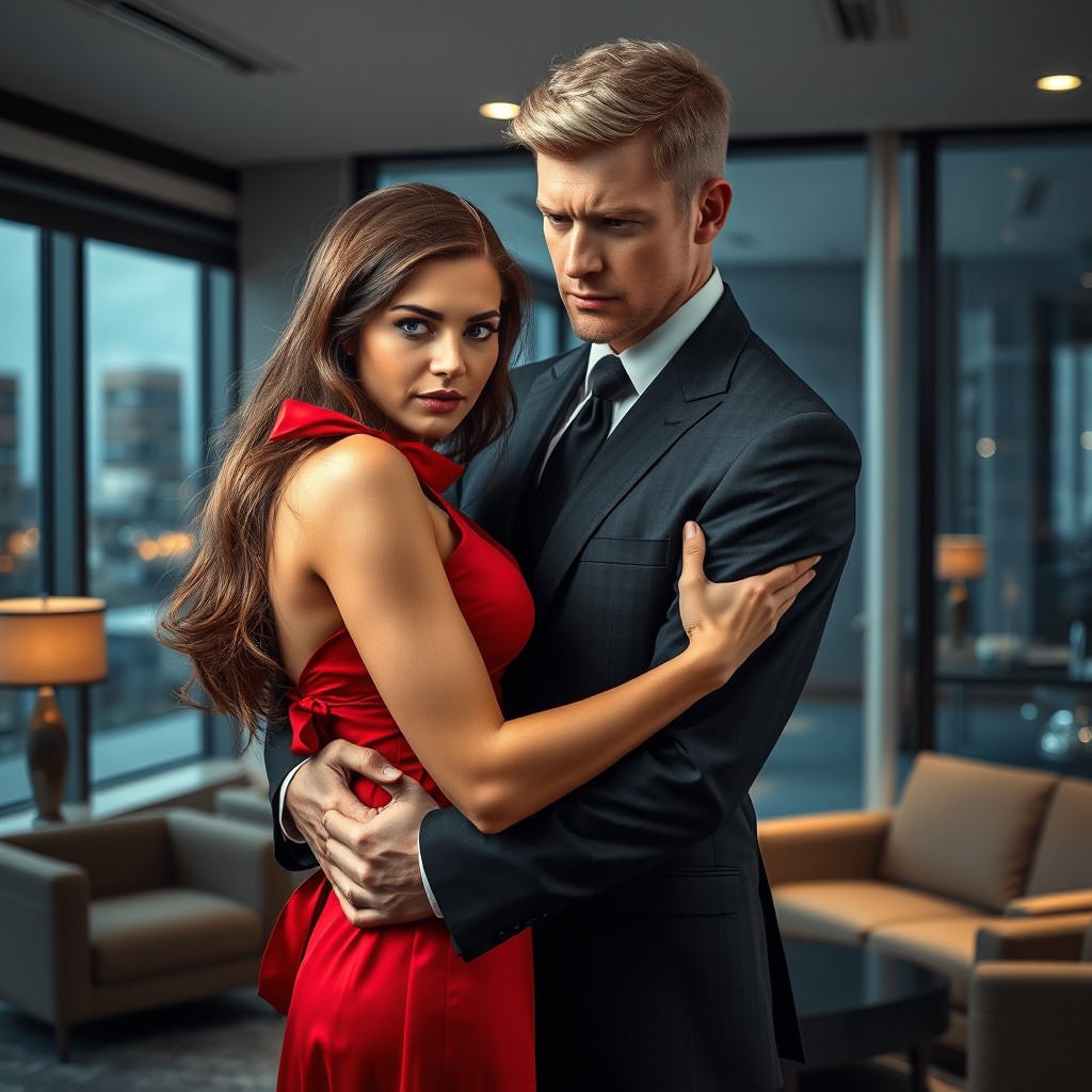 A scene in a modern, stylish office where a blond-haired, grey-eyed man, dressed in a sharp suit, tightly holds a beautiful brown-haired, blue-eyed woman in a striking red dress with a romantic red ribbon