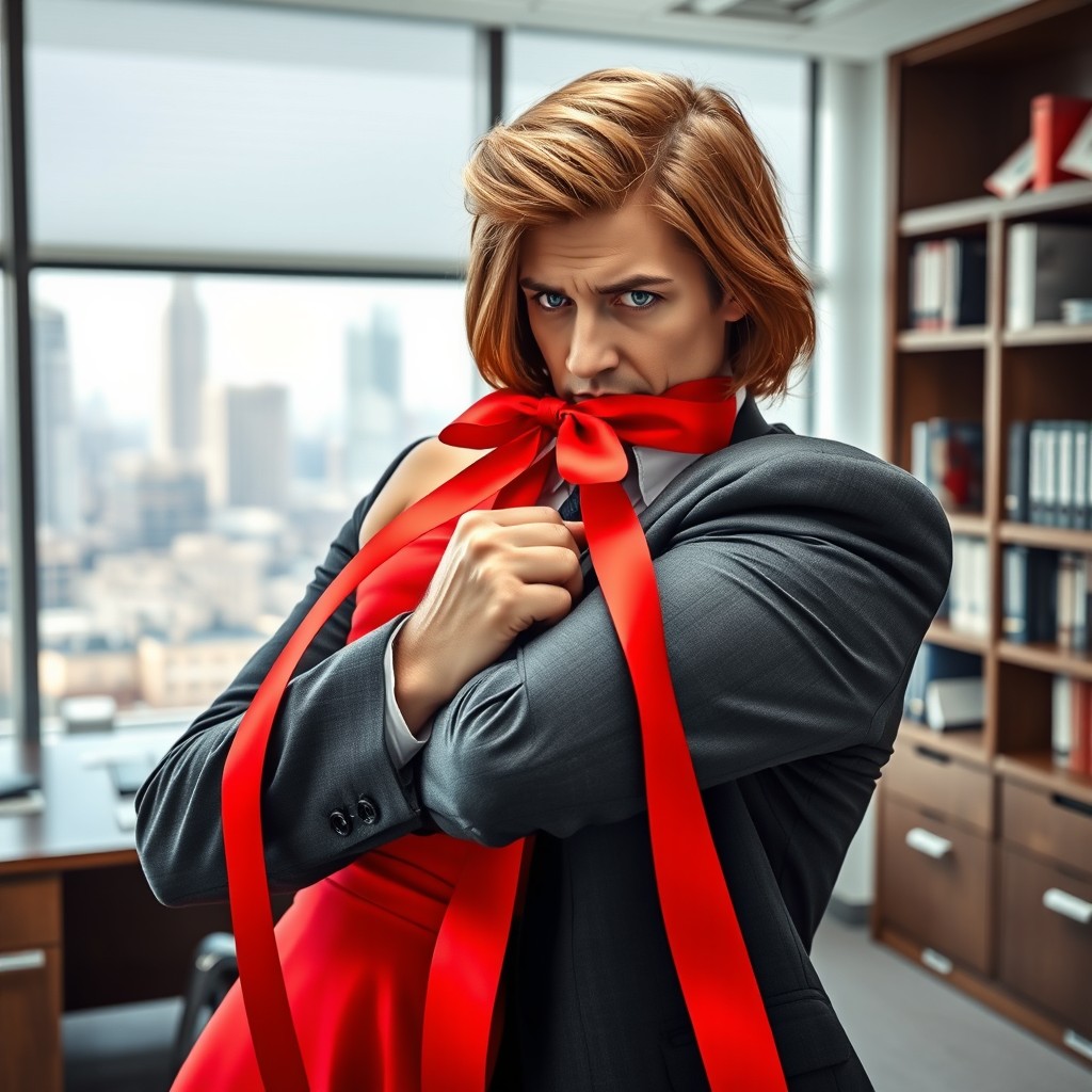 A blond-haired, grey-eyed man dressed in a sharp suit is holding a beautiful brown-haired, blue-eyed woman tightly with a vibrant red ribbon in an office setting