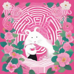 An engaging book cover displaying a boy and a white mouse studying each other on a vibrant pink flower against an elaborate labyrinth background. 'Flowers for Algernon' is scripted in bold at the top