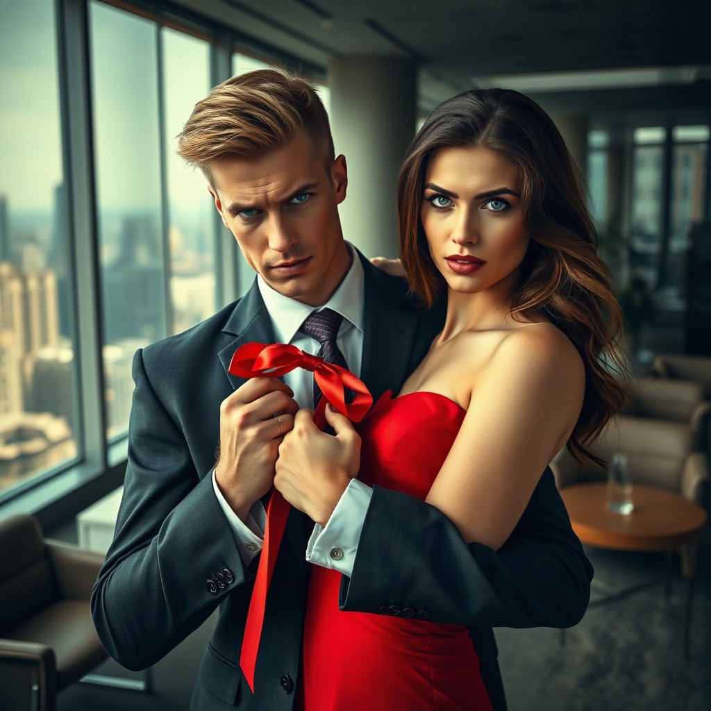 A blond-haired, grey-eyed man in a smart suit holds a beautiful brown-haired, blue-eyed woman tightly with a striking red ribbon