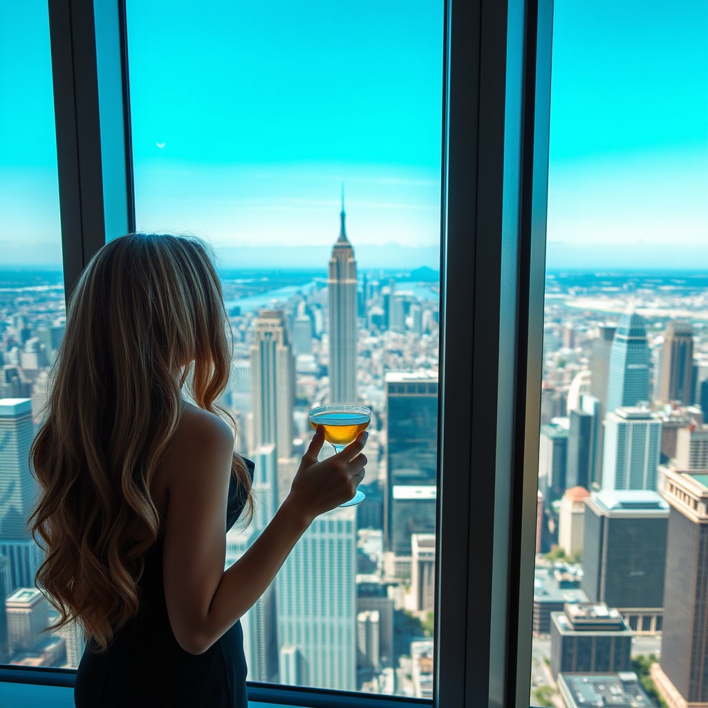 A beautiful woman with long hair, elegantly dressed, looking out from a tall building's window at a stunning city view