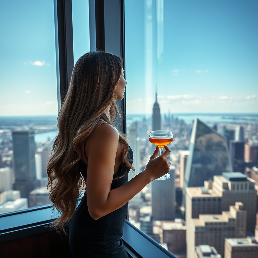 A gorgeous woman with long, flowing hair, dressed elegantly, standing by a tall building's window and admiring a breathtaking view
