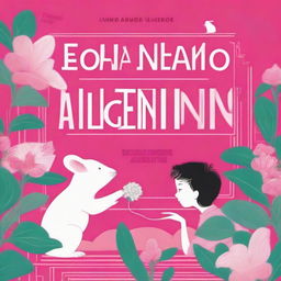 A captivating book cover design, showcasing a boy and a white mouse exchanging glances on a bold pink flower, set against a maze-like background. The title 'Flowers for Algernon' is inscribed at the top