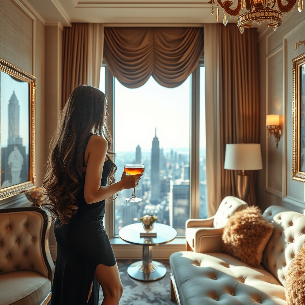 A stunning woman with long, cascading hair, elegantly dressed, standing by the window of a luxurious room in a tall building