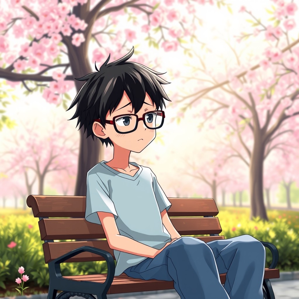 A weak anime guy with a slender frame, wearing oversized glasses, sitting on a small bench looking forlorn