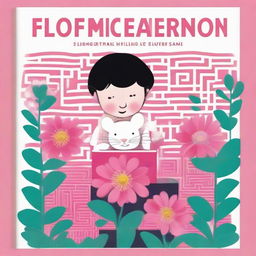 A captivating book cover design, showcasing a boy and a white mouse exchanging glances on a bold pink flower, set against a maze-like background. The title 'Flowers for Algernon' is inscribed at the top