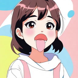 This digital art piece showcases a character from Japanese animation sticking their tongue out in a playful, exaggerated manner