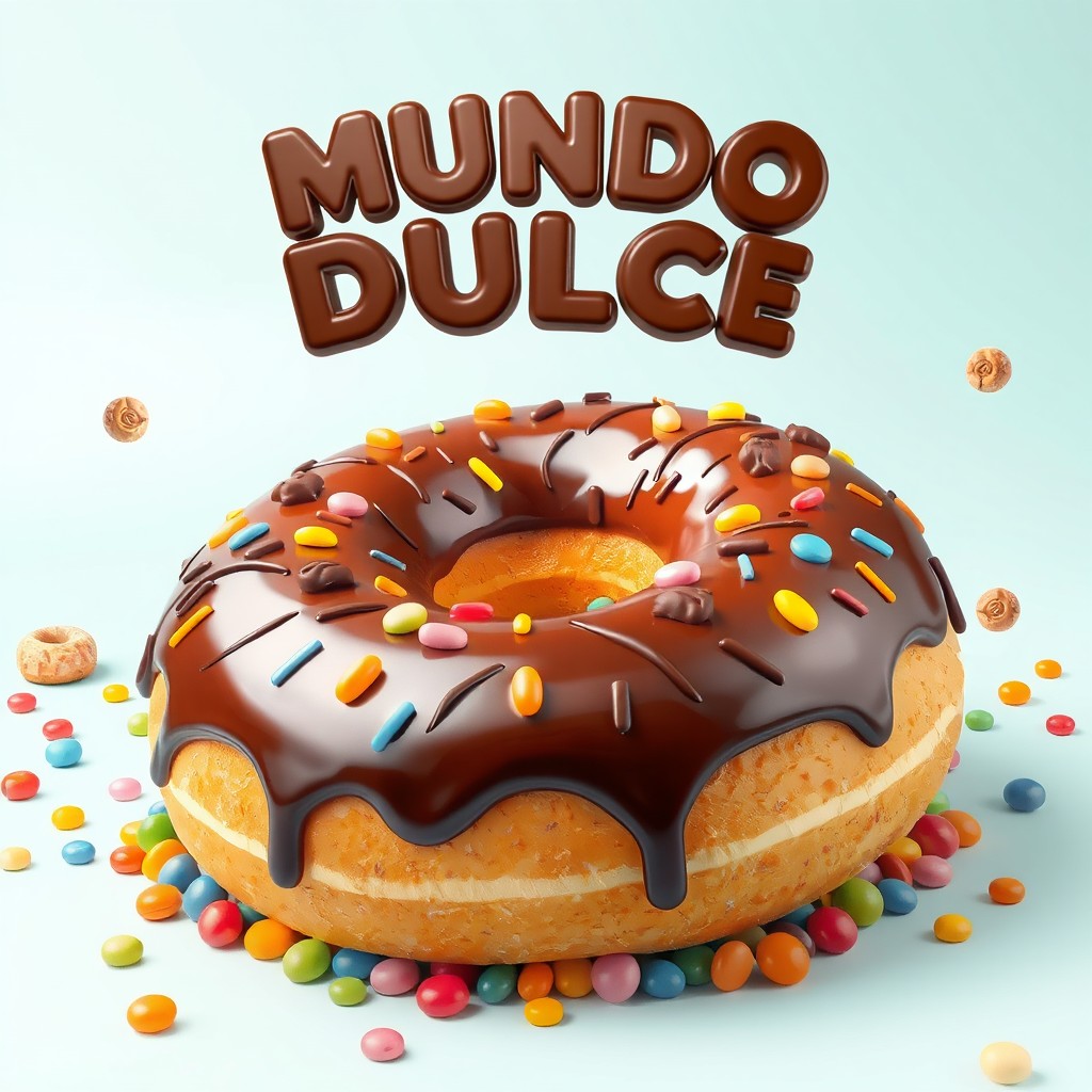 A giant donut decorated with chocolate and an array of colorful candies surrounding it