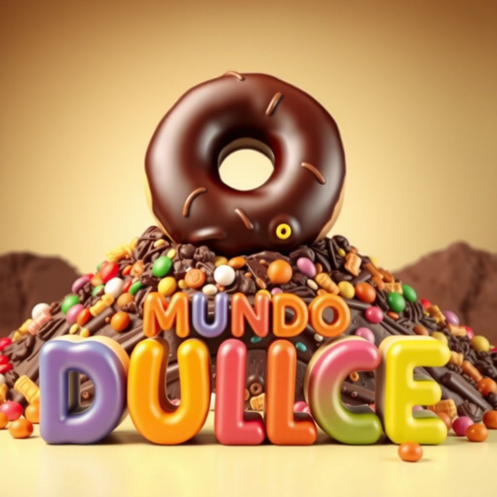 A giant chocolate donut sitting majestically on a mountain made of various candies and chocolate, surrounded by a colorful assortment of caramel candies, with mini donuts scattered around