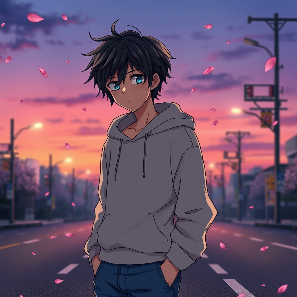A lonely anime guy standing on a desolate street at dusk, surrounded by softly glowing streetlights
